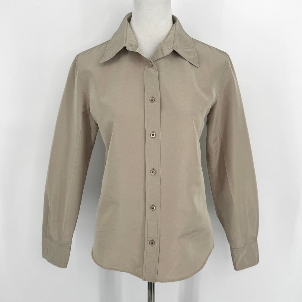 Prada Silk Blend Button Down Shirt Size 46 Taupe Brown Long Sleeve Minimalist